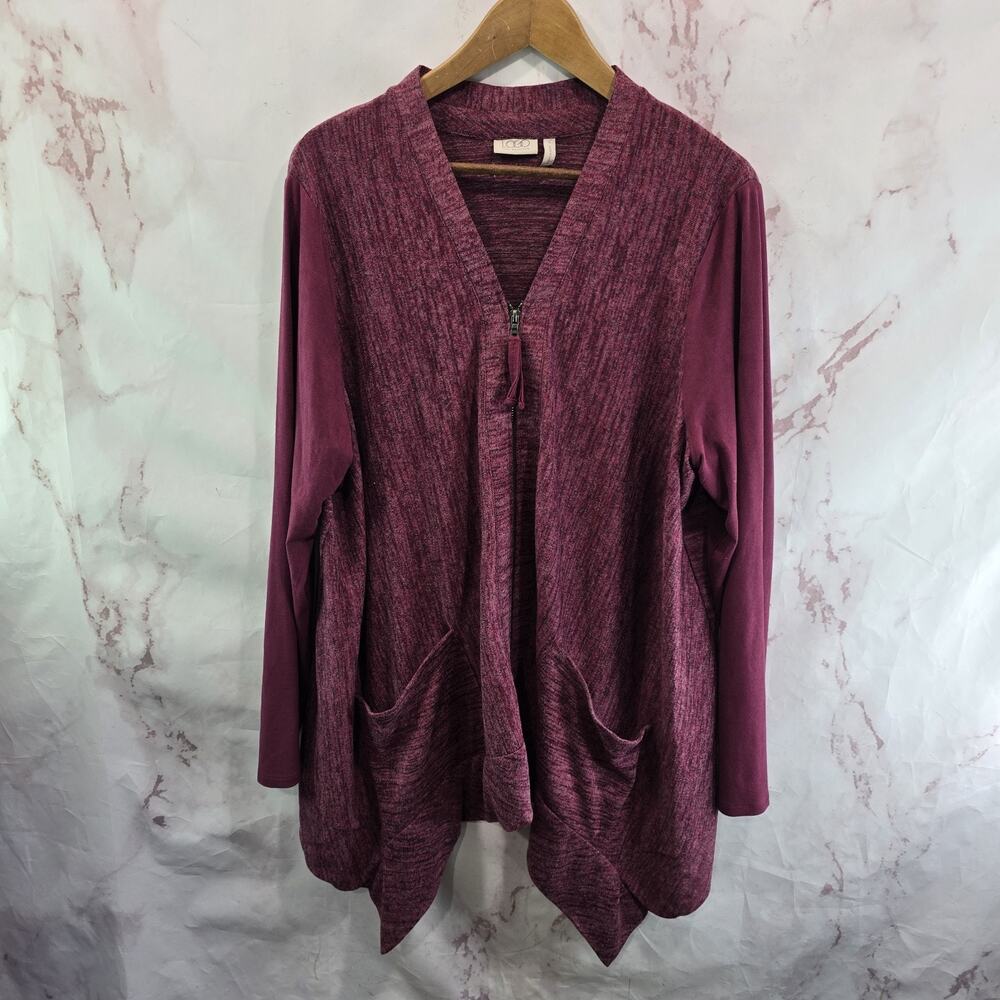 LOGO Lori Goldstein Sweater Womens Large Red Zip Up Knit Jacket Cardigan